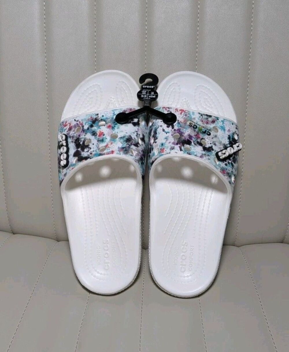 CROCS Classic Tie Dye Mania Slides Men's 6 / Women's 8 Comfort Normcore College - Picture 2 of 5
